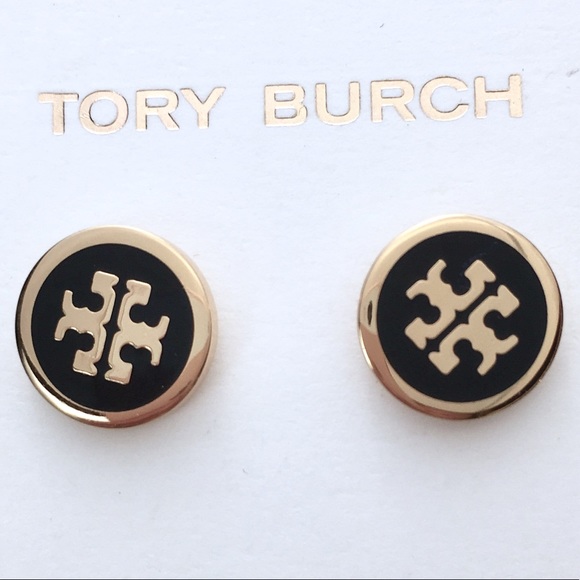 Tory Burch Jewelry - TORY BURCH LACQUERED LOGO STUDS Gold w/ Black